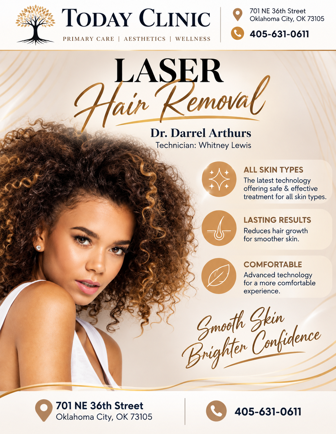 Laser hair removal advertisement featuring Dr. Darrel Arthurs and technician Whitney Lewis